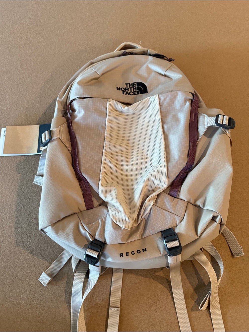 The North Face Recon Backpack in Beige with Maroon Accents